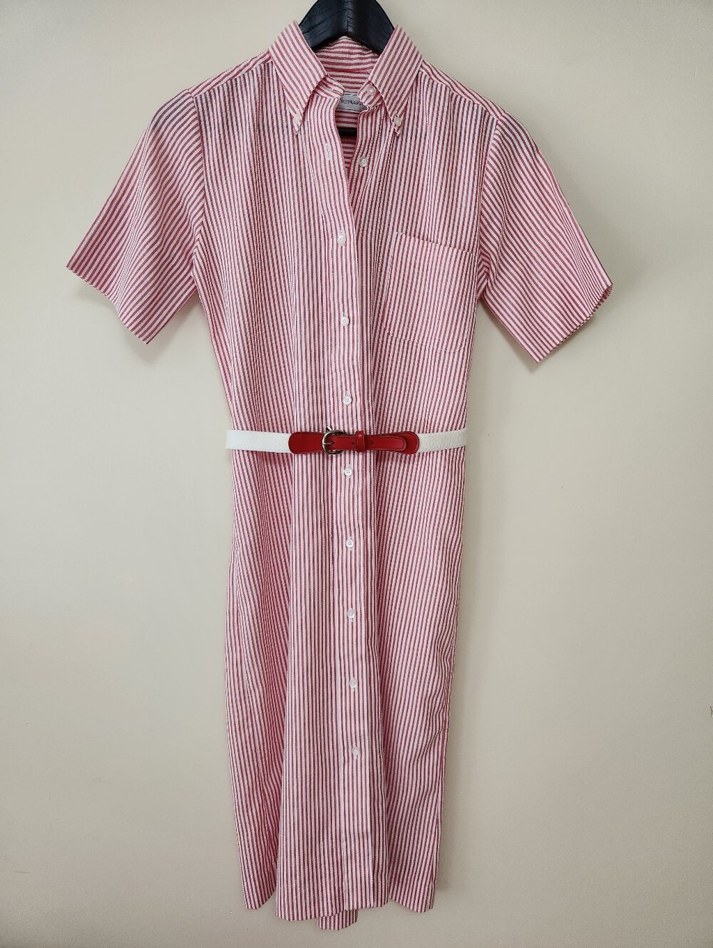 Vintage Shirtmaker Striped Seersucker Belted Shirt Dress - XS